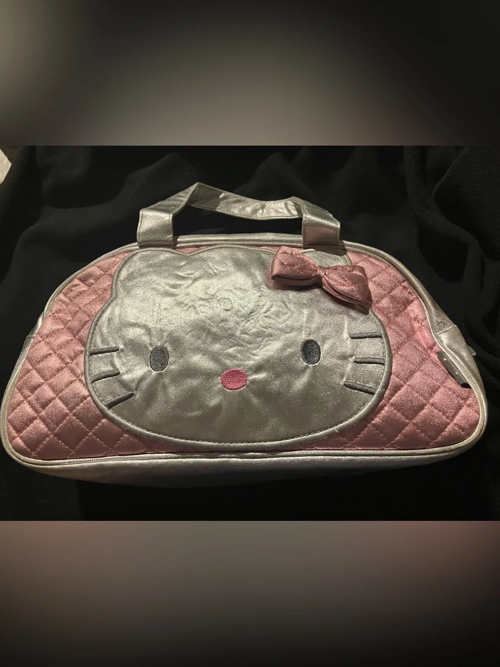 Vintage Hello Kitty Pink Quilted Mini Duffle Bag Metallic Silver Y2K 2005
